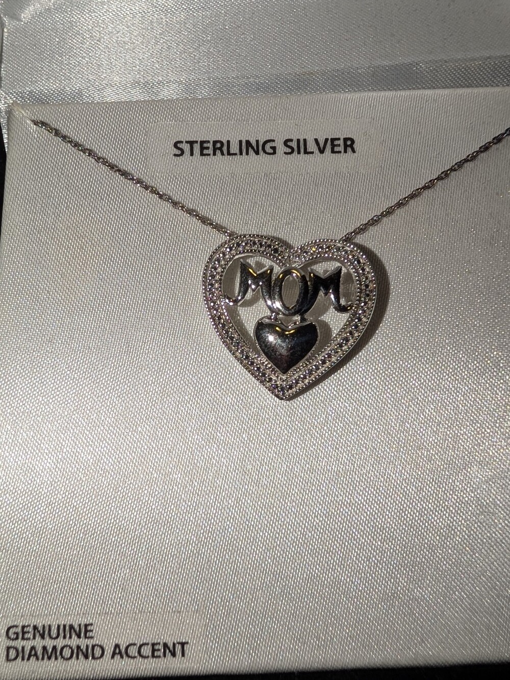 Mom Heart Necklace Genuine Diamond Accent 925 Sterling Silver Pendant Boxed Gift - Picture 2 of 3